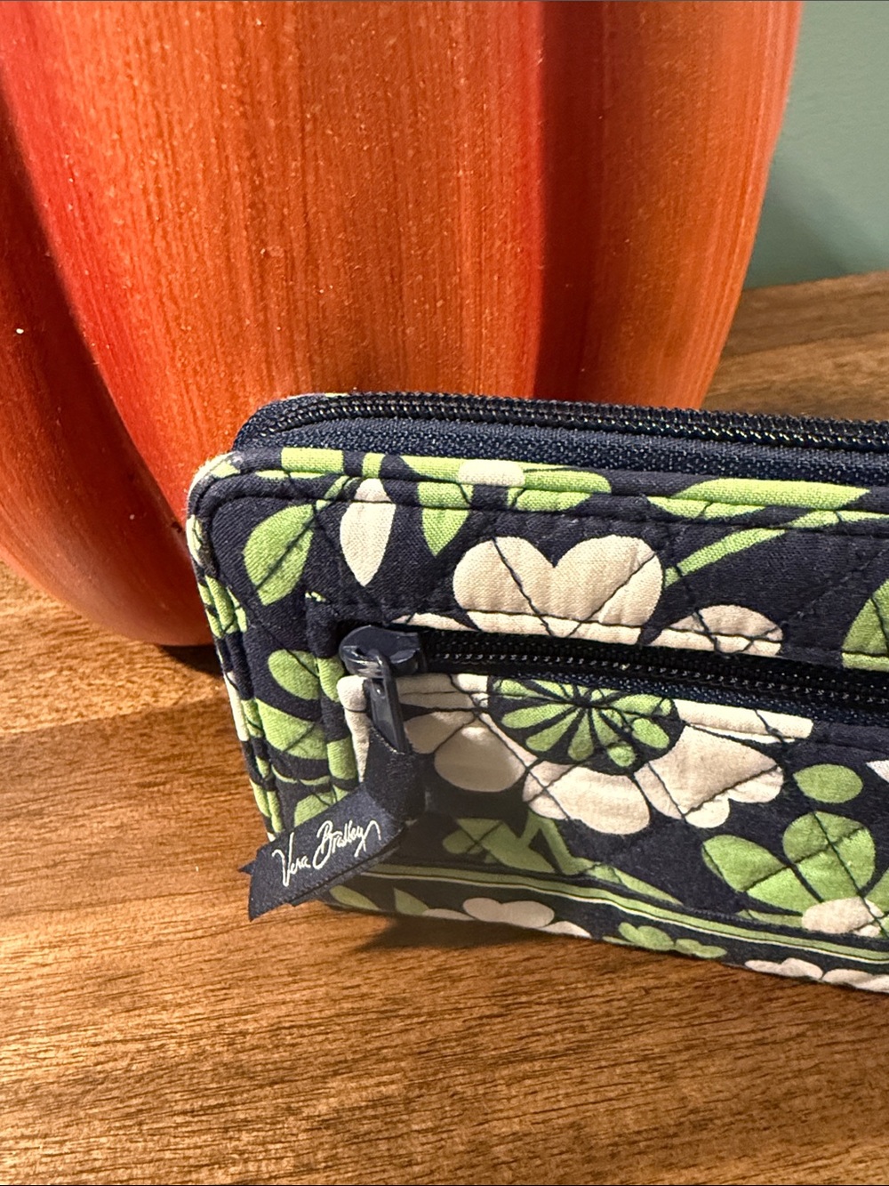 Vera Bradley Navy Floral Quilted Zip Wallet with Green Accents - Picture 2 of 7